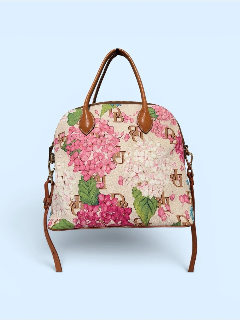 Dooney & Bourke Cream Floral Monogram Satchel with Brown Trim